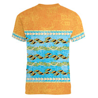 Hawaii Humuhumu Fish Maile Pikake Lei Women V-Neck T-Shirt Tribal Tapa Orange Version