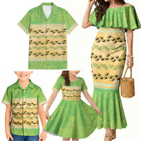 Hawaii Humuhumu Fish Maile Pikake Lei Family Matching Mermaid Dress and Hawaiian Shirt Tribal Tapa Green Version
