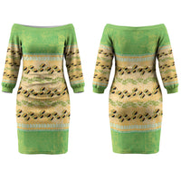 Hawaii Humuhumu Fish Maile Pikake Lei Family Matching Off The Shoulder Long Sleeve Dress and Hawaiian Shirt Tribal Tapa Green Version