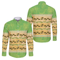 Hawaii Humuhumu Fish Maile Pikake Lei Family Matching Off Shoulder Short Dress and Hawaiian Shirt Tribal Tapa Green Version LT05 Dad's Shirt - Long Sleeve Green - Polynesian Pride