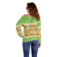 Hawaii Humuhumu Fish Maile Pikake Lei Off Shoulder Sweater Tribal Tapa Green Version LT05 - Polynesian Pride