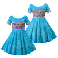 Hawaii Humuhumu Fish Maile Pikake Lei Family Matching Off Shoulder Short Dress and Hawaiian Shirt Tribal Tapa Blue Version