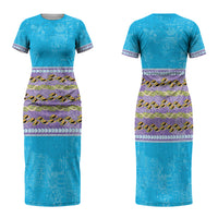 Hawaii Humuhumu Fish Maile Pikake Lei Family Matching Short Sleeve Bodycon Dress and Hawaiian Shirt Tribal Tapa Blue Version LT05 Mom's Dress Blue - Polynesian Pride