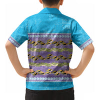 Hawaii Humuhumu Fish Maile Pikake Lei Kid Hawaiian Shirt Tribal Tapa Blue Version
