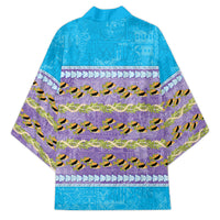 Hawaii Humuhumu Fish Maile Pikake Lei Kimono Tribal Tapa Blue Version