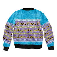 Hawaii Humuhumu Fish Maile Pikake Lei Sleeve Zip Bomber Jacket Tribal Tapa Blue Version