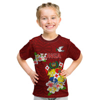 Personalized Tonga Kid T Shirt Coat Of Arms Plumeria With Ngatu Pattern LT05 Red - Polynesian Pride