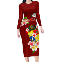 Personalized Tonga Long Sleeve Bodycon Dress Coat Of Arms Plumeria With Ngatu Pattern LT05 Long Dress Red - Polynesian Pride