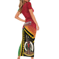 Happy Vanuatu Constitution Day Family Matching Short Sleeve Bodycon Dress and Hawaiian Shirt Flag Style With Sand Drawing Pattern