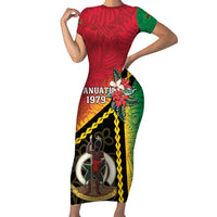 Happy Vanuatu Constitution Day Short Sleeve Bodycon Dress Flag Style With Sand Drawing Pattern LT05 Long Dress Red - Polynesian Pride