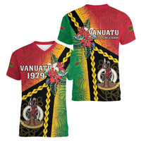 Happy Vanuatu Constitution Day Women V-Neck T-Shirt Flag Style With Sand Drawing Pattern LT05 - Polynesian Pride