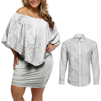 Tokelau White Sunday Couples Matching Off Shoulder Short Dress and Long Sleeve Button Shirt Elegant Hibiscus Polynesian Tribal Pattern LT05 White - Polynesian Pride