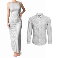 Tokelau White Sunday Couples Matching Tank Maxi Dress and Long Sleeve Button Shirt Elegant Hibiscus Polynesian Tribal Pattern LT05 White - Polynesian Pride