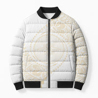 Tonga White Sunday Bomber Puffer Jacket Lotu Tamaiti Tongan Kupesi Pattern