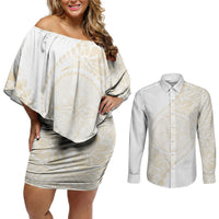 Tonga White Sunday Couples Matching Off Shoulder Short Dress and Long Sleeve Button Shirt Lotu Tamaiti Tongan Kupesi Pattern LT05 Beige - Polynesian Pride