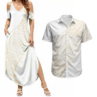 Tonga White Sunday Couples Matching Summer Maxi Dress and Hawaiian Shirt Lotu Tamaiti Tongan Kupesi Pattern LT05 Beige - Polynesian Pride