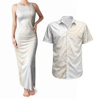 Tonga White Sunday Couples Matching Tank Maxi Dress and Hawaiian Shirt Lotu Tamaiti Tongan Kupesi Pattern LT05 Beige - Polynesian Pride