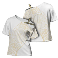 Tonga White Sunday Cross Shoulder Shirt Lotu Tamaiti Tongan Kupesi Pattern LT05 - Polynesian Pride