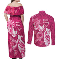Breast Cancer Awareness Couples Matching Off Shoulder Maxi Dress and Long Sleeve Button Shirts Ribbon Polynesian Pattern Pink Version LT05 - Polynesian Pride