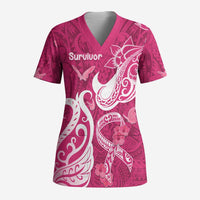 Personalized Breast Cancer Awareness Scrub Top Ribbon Polynesian Pattern Pink Version - Polynesian Pride