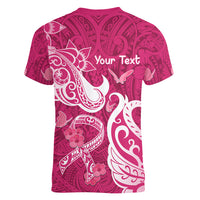 Personalized Breast Cancer Awareness Women V Neck T Shirt Ribbon Polynesian Pattern Pink Version LT05 - Polynesian Pride