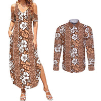 Hawaii Vintage Brown Hibiscus Tapa Pattern Couples Matching Summer Maxi Dress and Long Sleeve Button Shirt