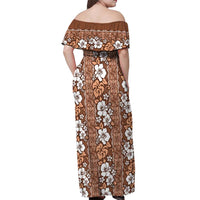 Hawaii Vintage Brown Hibiscus Tapa Pattern Off Shoulder Maxi Dress