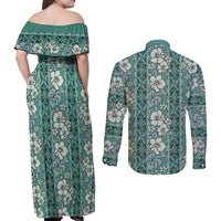 Hawaii Vintage Green Hibiscus Tapa Pattern Couples Matching Off Shoulder Maxi Dress and Long Sleeve Button Shirt