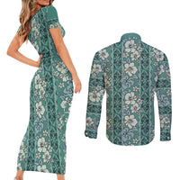 Hawaii Vintage Green Hibiscus Tapa Pattern Couples Matching Short Sleeve Bodycon Dress and Long Sleeve Button Shirt