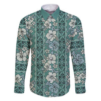 Hawaii Vintage Green Hibiscus Tapa Pattern Family Matching Long Sleeve Bodycon Dress and Hawaiian Shirt