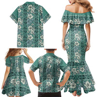Hawaii Vintage Green Hibiscus Tapa Pattern Family Matching Mermaid Dress and Hawaiian Shirt