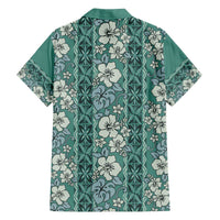 Hawaii Vintage Green Hibiscus Tapa Pattern Family Matching Off The Shoulder Long Sleeve Dress and Hawaiian Shirt