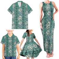 Hawaii Vintage Green Hibiscus Tapa Pattern Family Matching Tank Maxi Dress and Hawaiian Shirt