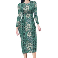 Hawaii Vintage Green Hibiscus Tapa Pattern Long Sleeve Bodycon Dress LT05 Long Dress Green - Polynesian Pride