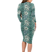 Hawaii Vintage Green Hibiscus Tapa Pattern Long Sleeve Bodycon Dress LT05 - Polynesian Pride