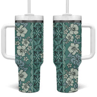 Hawaii Vintage Green Hibiscus Tapa Pattern Tumbler With Handle