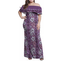 Hawaii Vintage Violet Hibiscus Tapa Pattern Family Matching Off Shoulder Maxi Dress and Hawaiian Shirt