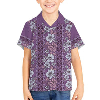 Hawaii Vintage Violet Hibiscus Tapa Pattern Family Matching Puletasi and Hawaiian Shirt