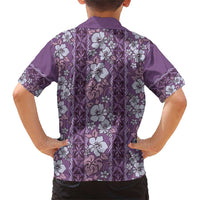 Hawaii Vintage Violet Hibiscus Tapa Pattern Family Matching Short Sleeve Bodycon Dress and Hawaiian Shirt