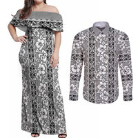 Hawaii Vintage Gray Hibiscus Tapa Pattern Couples Matching Off Shoulder Maxi Dress and Long Sleeve Button Shirt