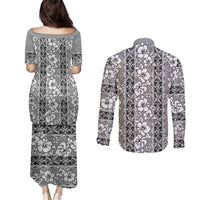 Hawaii Vintage Gray Hibiscus Tapa Pattern Couples Matching Puletasi and Long Sleeve Button Shirt