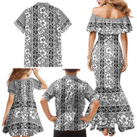 Hawaii Vintage Gray Hibiscus Tapa Pattern Family Matching Mermaid Dress and Hawaiian Shirt