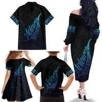 Aotearoa New Zealand Family Matching Off The Shoulder Long Sleeve Dress and Hawaiian Shirt Koru Fern Blue Gradient