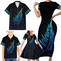 Aotearoa New Zealand Family Matching Short Sleeve Bodycon Dress and Hawaiian Shirt Koru Fern Blue Gradient