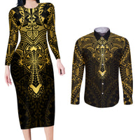Personalized Polynesia Couples Matching Long Sleeve Bodycon Dress and Long Sleeve Button Shirt With Christian Cross LT05 Gold - Polynesian Pride