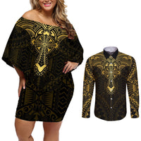 Personalized Polynesia Couples Matching Off Shoulder Short Dress and Long Sleeve Button Shirt With Christian Cross LT05 Gold - Polynesian Pride