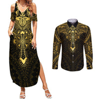 Personalized Polynesia Couples Matching Summer Maxi Dress and Long Sleeve Button Shirt With Christian Cross LT05 Gold - Polynesian Pride