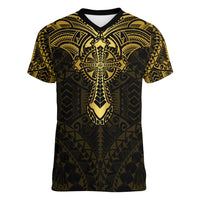 Personalized Polynesia Women V Neck T Shirt With Christian Cross LT05 Female Gold - Polynesian Pride
