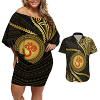Polynesia Couples Matching Off Shoulder Short Dress and Hawaiian Shirt With Hindu Om Symbol LT05 Gold - Polynesian Pride