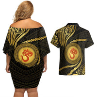 Polynesia Couples Matching Off Shoulder Short Dress and Hawaiian Shirt With Hindu Om Symbol LT05 - Polynesian Pride